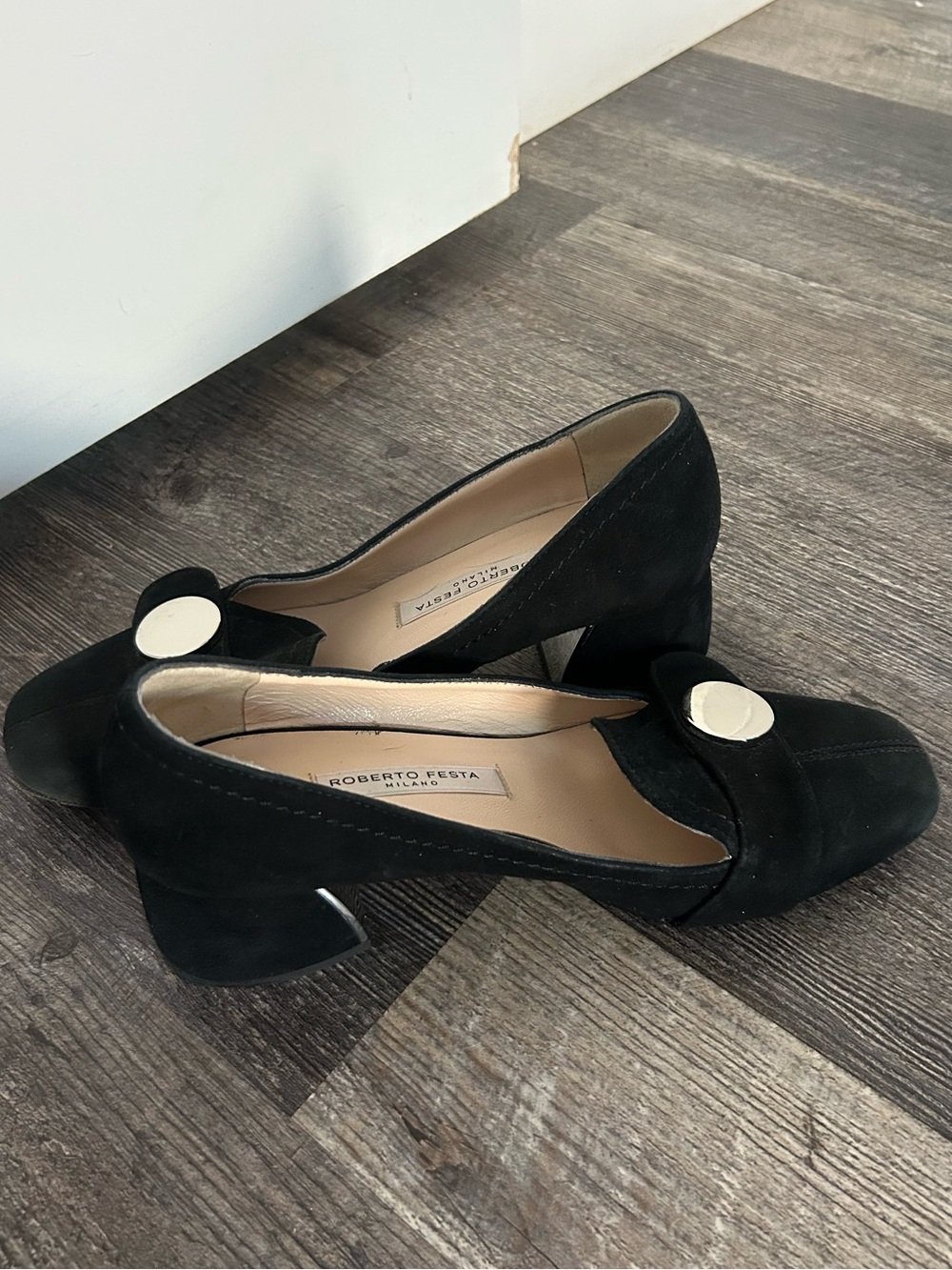 Vintage Roberto Festa Black Suede Mid Block Heel Pumps with Gold Medallion